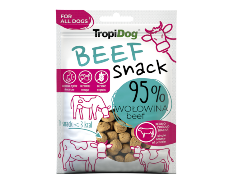 TropiDog Snack - smaczki 95% wołowina / beef. Jedno źródło białka, bez zbóż, bez cukru.